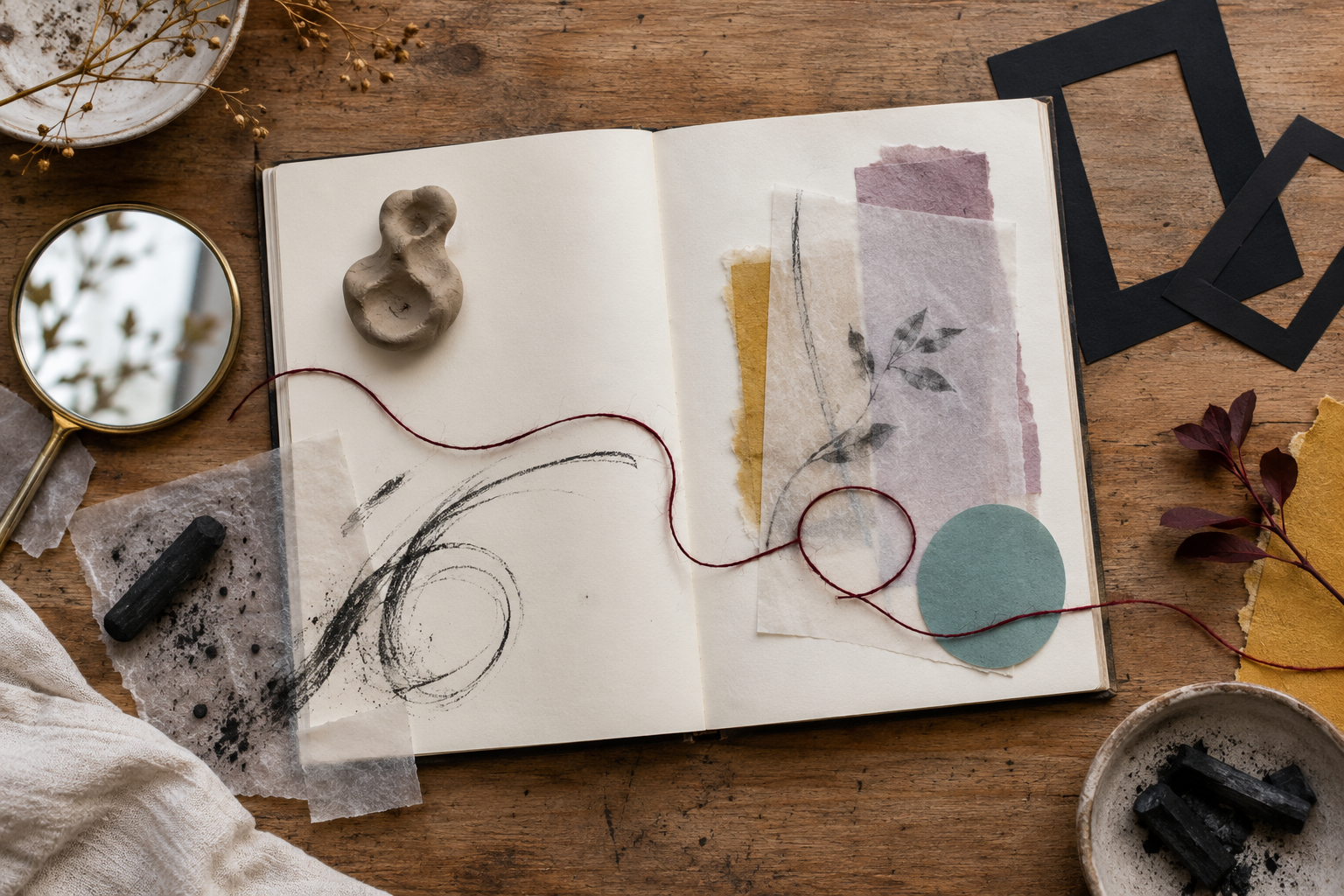 Open werkboek met tekenmateriaal, een spiegel, klei, papier en een turquoise cirkel op een warme houten werktafel.