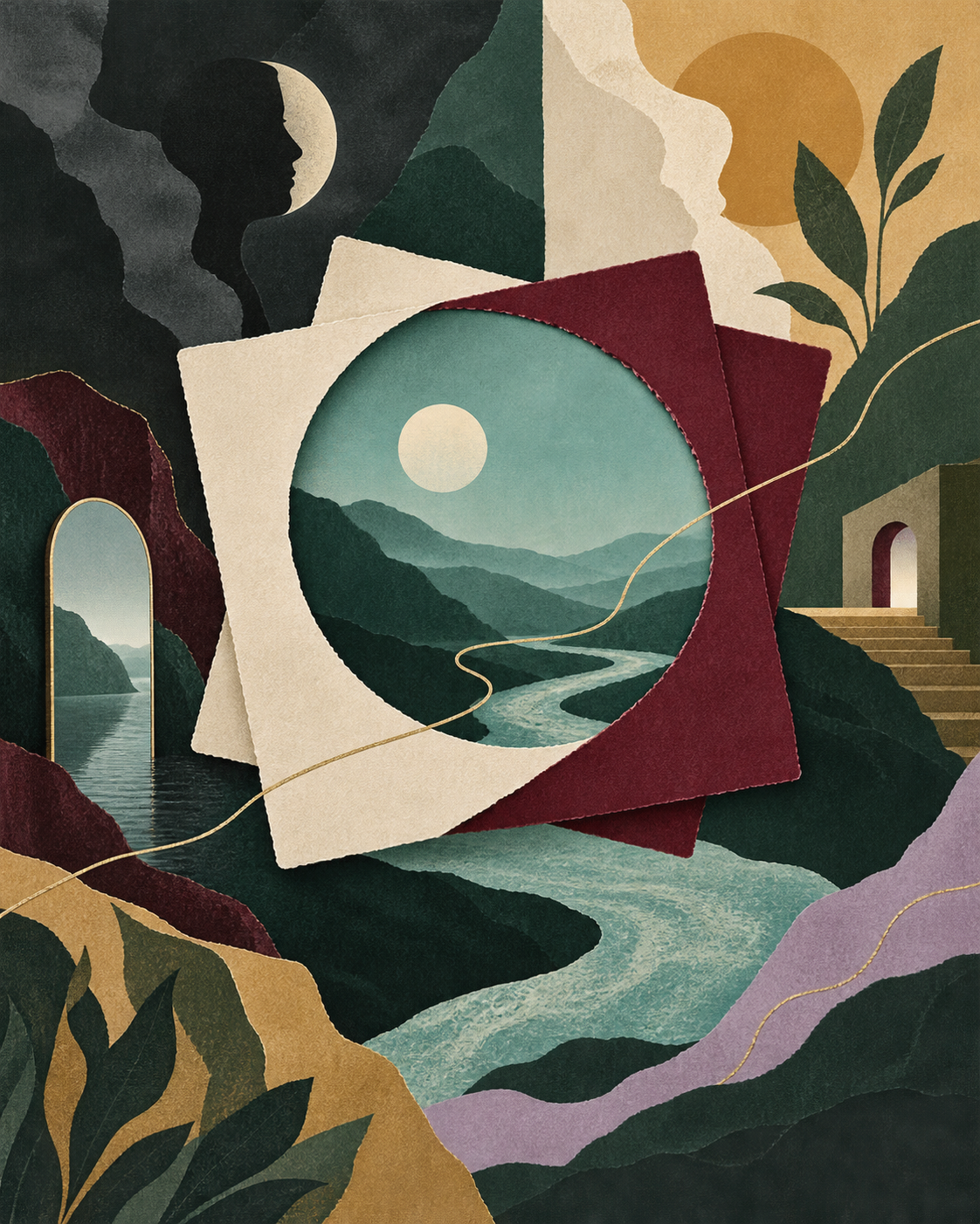 Collage van een innerlijk landschap met spiegeling, licht en schaduw